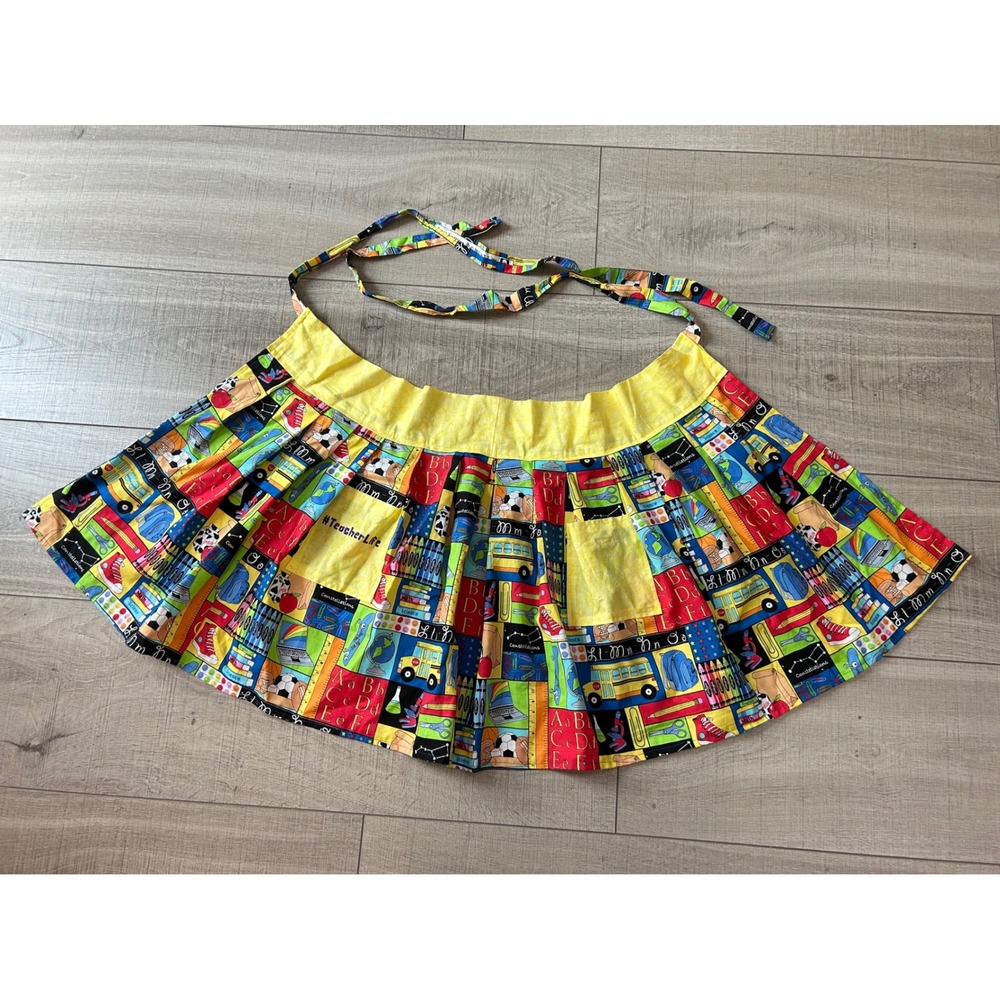 Handmade School Supply Print Half Apron Yellow Pockets Pleated